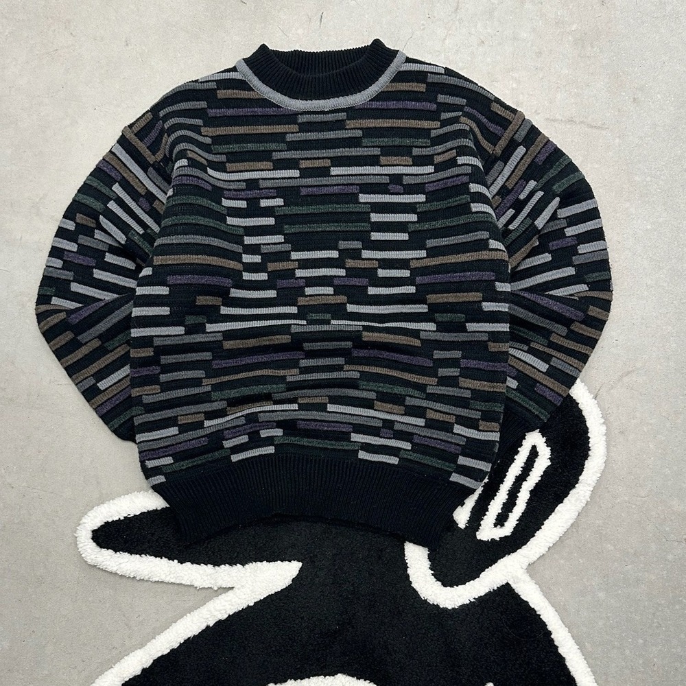 Paulo Conti Vintage Geometric Knit Sweater Mens Small Black Grey‎ Wool Blend